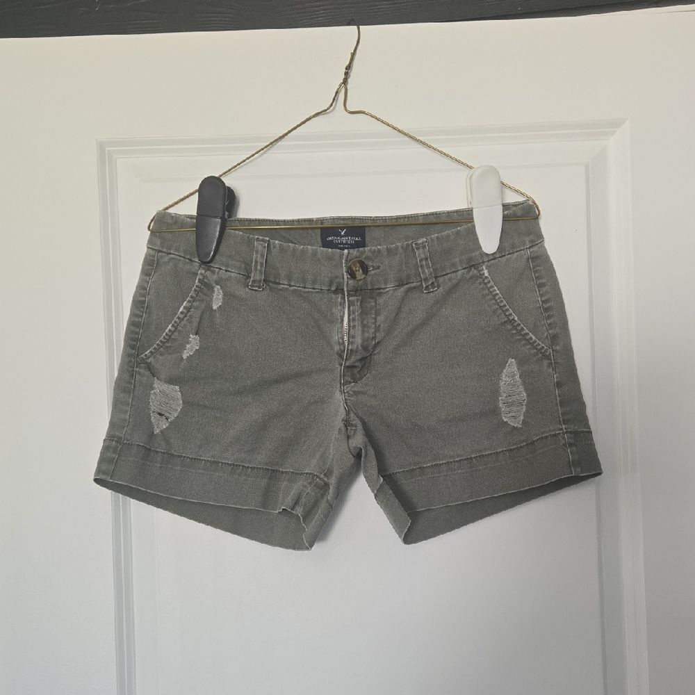 American Eagle Olive Green Distressed Denim Shorts